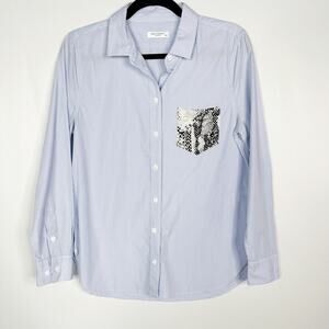 Equipment Small S Blue White Leema Striped Snakeprint Pocket Oxford Button Down